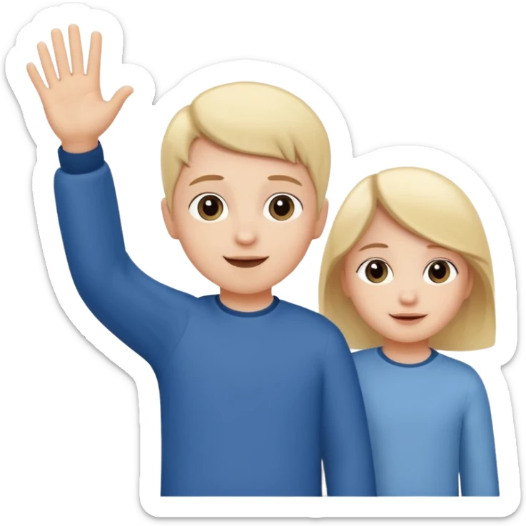 a small child waving goodbye to two adults in the background, warm and positive expressions, symbolizing autonomy and independence sticker