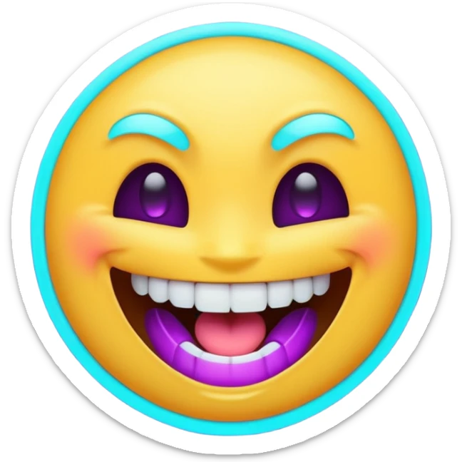 futuristic glowing emoji face laughing wide with glowing teeth, purple and cyan neon light, dark background sticker