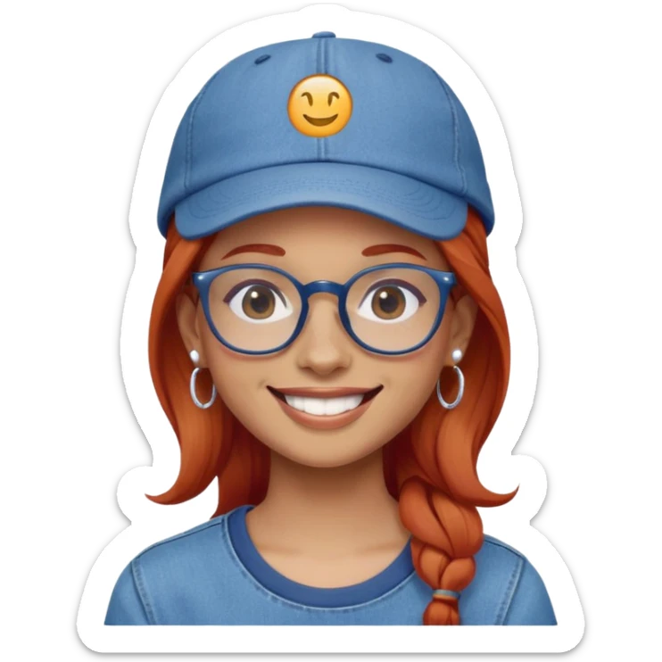 Young person with red hair, glasses, earrings and a wonderful smile, wearing blue clothes, jeans and a cap sticker