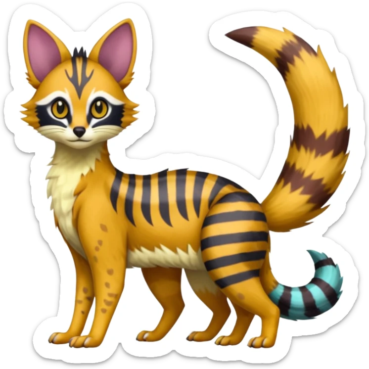 Civet-Genet-Possum-Serval-Caracal-Sergal-Trico-Numbat-Furret-fusion-Fakemon-hybrid-creature (full body) with long tufted ears and a striped tail sticker