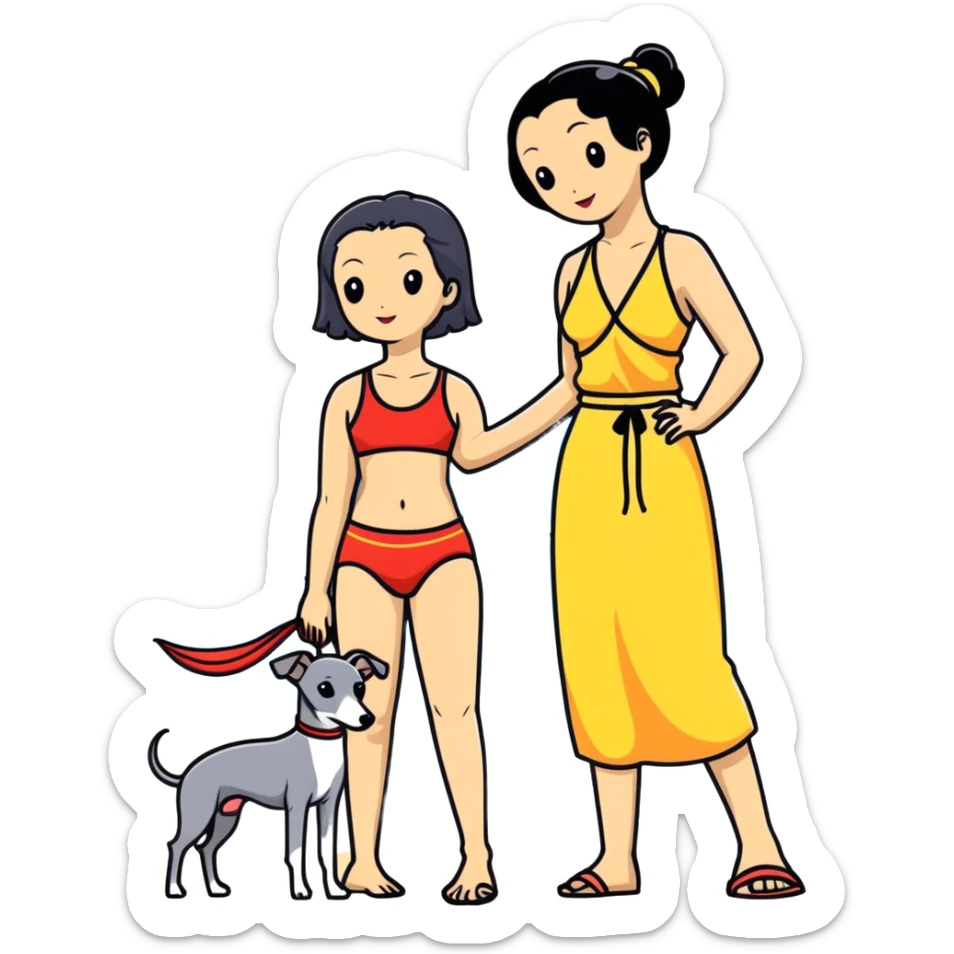 Slim Chinese woman with long black hair in beach attire at the beach with her Italian greyhound that is COMPLETELY solid grey, with absolutely NO white markings on face, snout, or anywhere else, single uniform grey color throughout entire dog body sticker