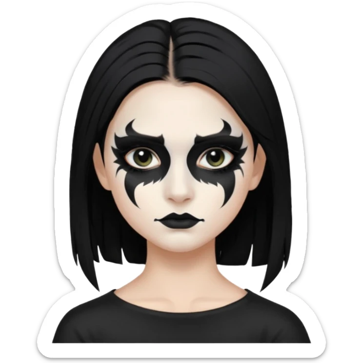 Crea una ragazza con stile black metal,  paint face black metal, capelli neri mossi dalle spalle e occhi bianchi sticker