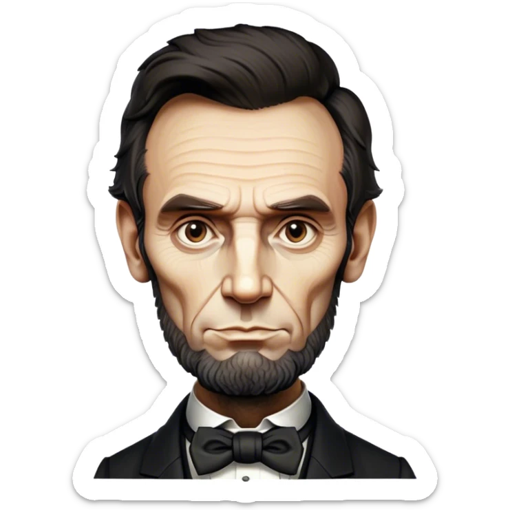 Cinematic Realistic Abraham Lincoln Portrait Emoji, depicted as a stoic iconic statesman with a tall dignified silhouette and thoughtful expression, rendered with detailed textures and dramatic historical lighting that captures his timeless presence. sticker