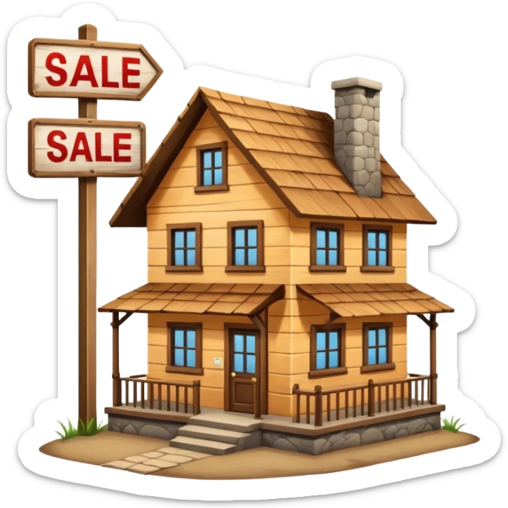 skeuomorphism style, house for sale, emphasis on For Sale sign, For Sale sign needs to be readable in 36 x36 pixels  sticker