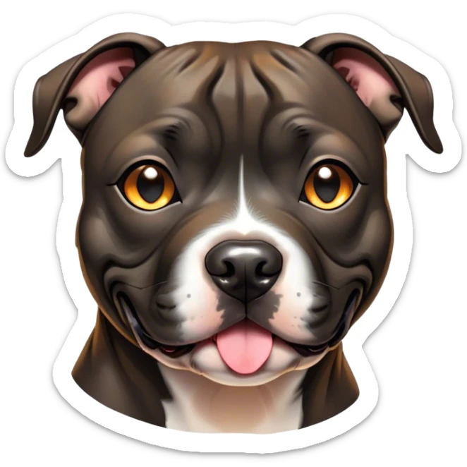Cinematic Cute Black/Brindle Staffordshire Bull Terrier Portrait Emoji, Head tilted playfully and inquisitively, featuring a glossy Fur with a dynamic mix of black and brindle, round, sparkling dark eyes filled with curiosity, Simplified yet irresistibly adorable features, highly detailed, glowing with a warm, friendly glow, high shine, affectionate and spirited, stylized with a touch of whimsy, bright and endearing, soft glowing outline, capturing the essence of a mischievous yet loving pup, so playful it feels like it could bound out of the screen and into your arms! sticker