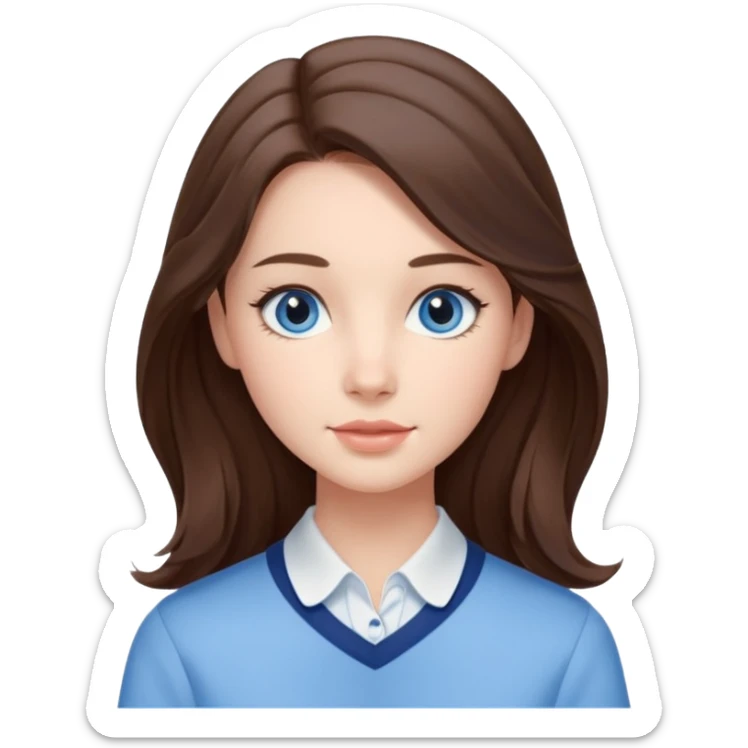 Realistic Student Portrait, with porcelain-like skin featuring a natural rosy flush, iHer Brunette Half-Up Style for Straight  hair flows in soft, Her deep blue eyes radiate warmth and innocence,  wear light blue preppy style. sticker