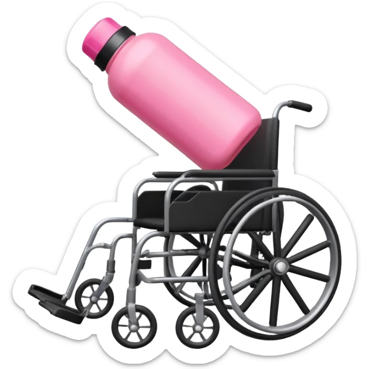 Pink water bottle sitting on a wheelchair with cars in the background  sticker