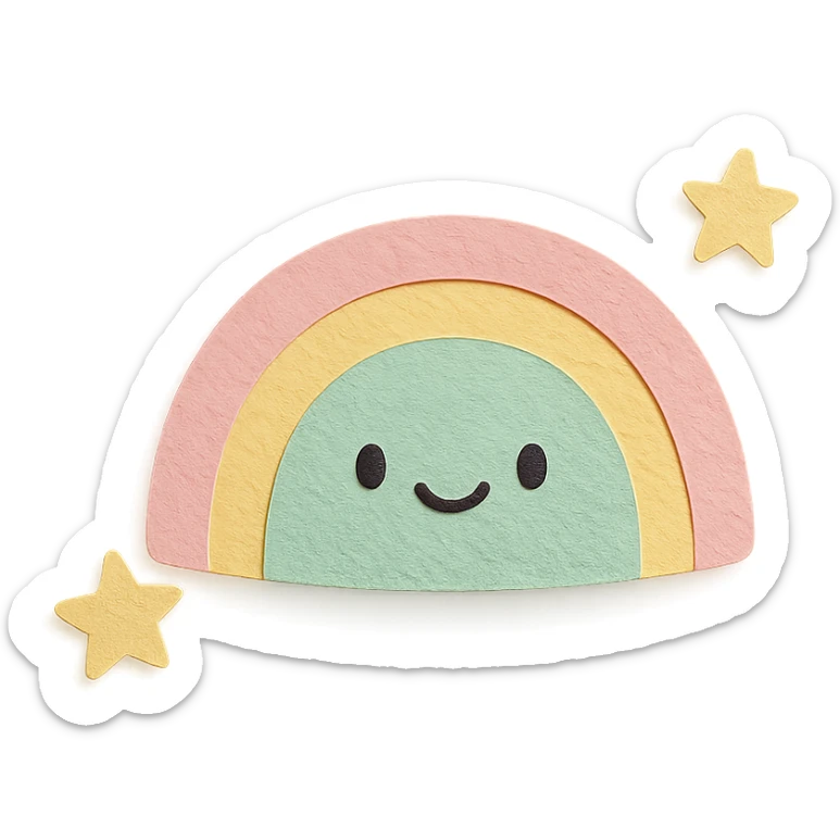 kawaii gentle rainbow arc, tiny star companions, soft pastel colors, no limbs, full body, paper craft style sticker
