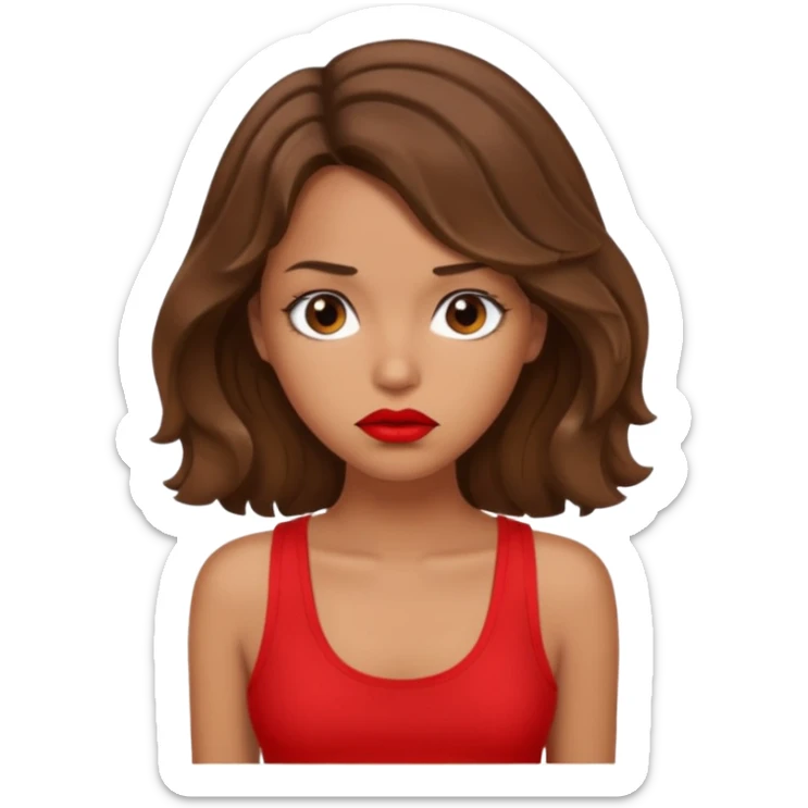 generate a pretty tan bratz girl with brown wavy hair long wearing a red tank top, red lipstick. Looking sad sticker