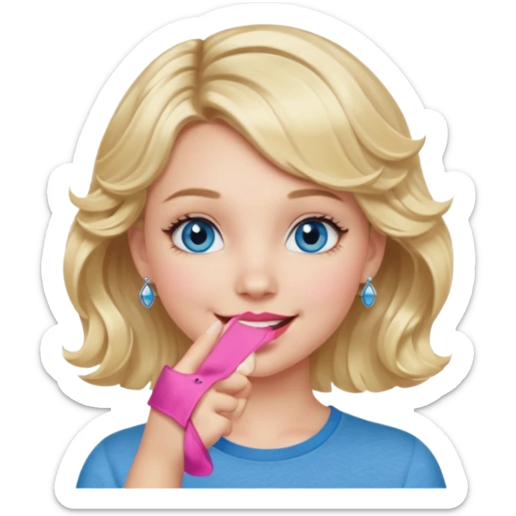 Girl Blonde short wavy hair,  blue eyes, cute blue top, long lashes, pink lips, smiling, hand over the mouth sticker