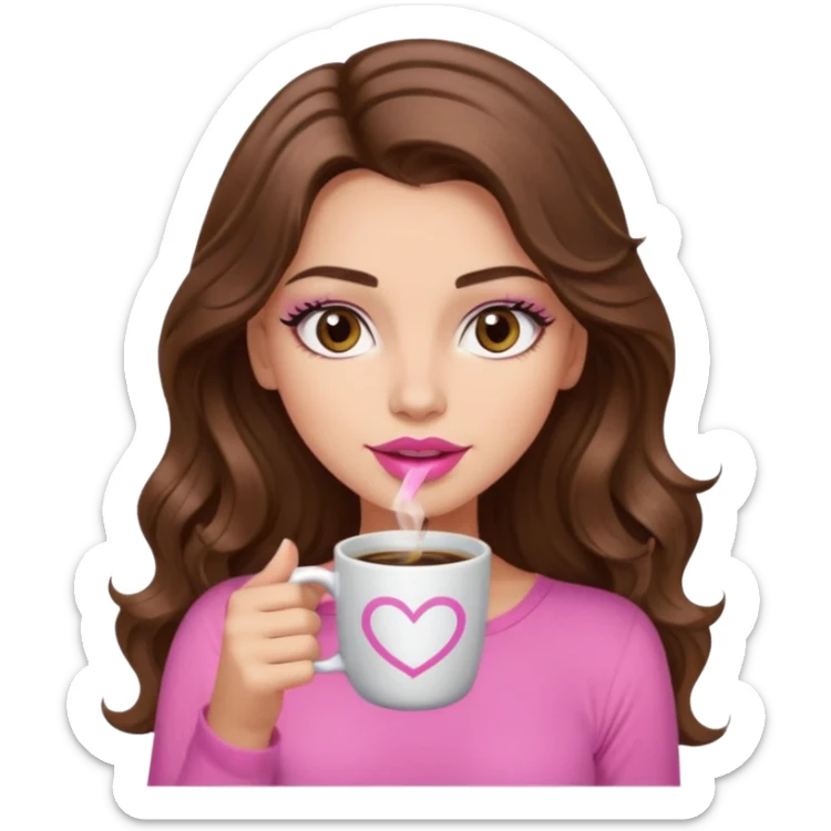 girl with long wavy brown hair, brown eyes, long lashes,sexy pink lips, light to medium complexion, pink sexy top, with a coffee mug sticker