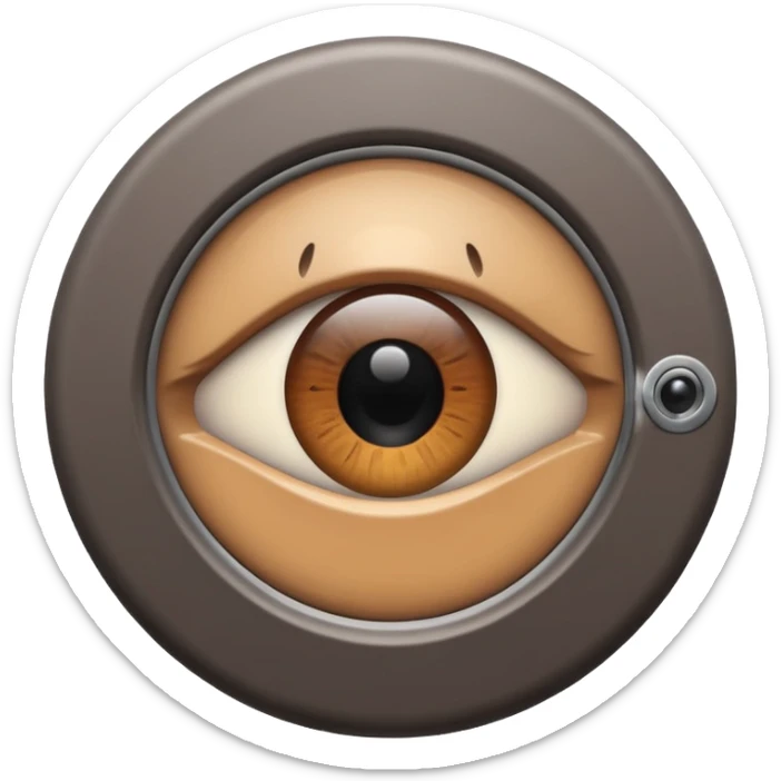 Minimalist emoji-style sticker of a peephole with a realistic eye looking out from inside. Black and gray tones, flat icon, centered eye.
 sticker