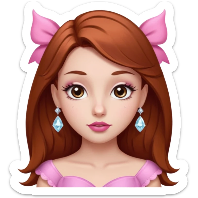 girl with fair skin, long straight reddish brown hair, big brown almond eyes, long eyelashes, thick dark eyebrows, straight nose, full pink lips with cupids bow, diamond face shape, clean girl aesthetic sticker