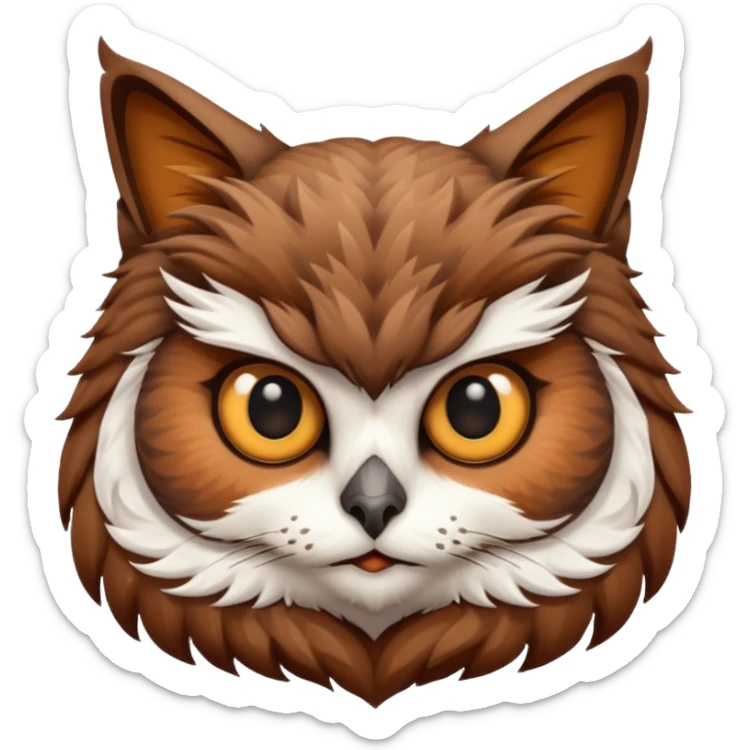 An cats head with a brown on top of the head of the cat the cats head infused with an white owls body with brown wings sticker