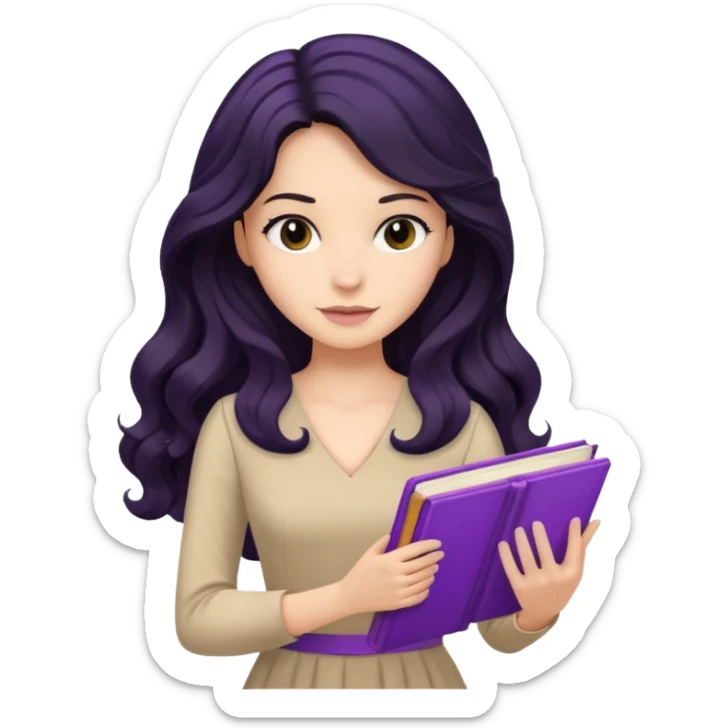 Long Hair Women with purple Book, Black wavy hair, beige dress sticker