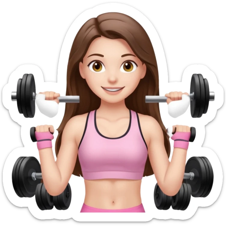 happy white long brunette hair girl with hazel eyes in light pink workout clothes at the gym sticker