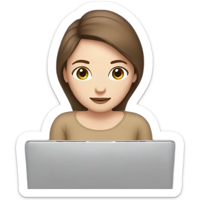 woman with pale skin and brown straight hair hiding behind a laptop with a infinity sticker on it sticker