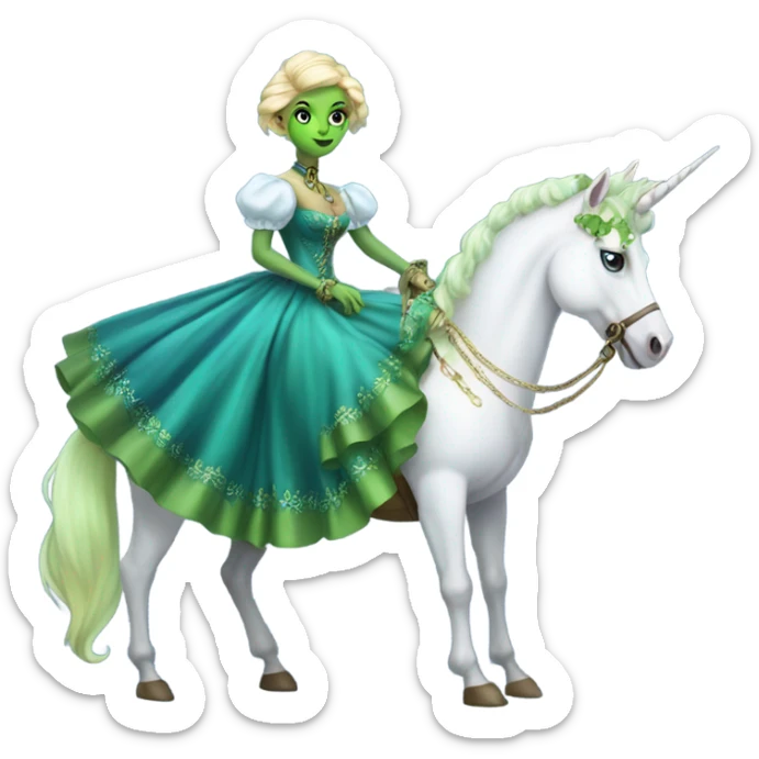 "galora green blonde alien woman" in blue Victorian dress elegant, full body, on unicorn white sticker