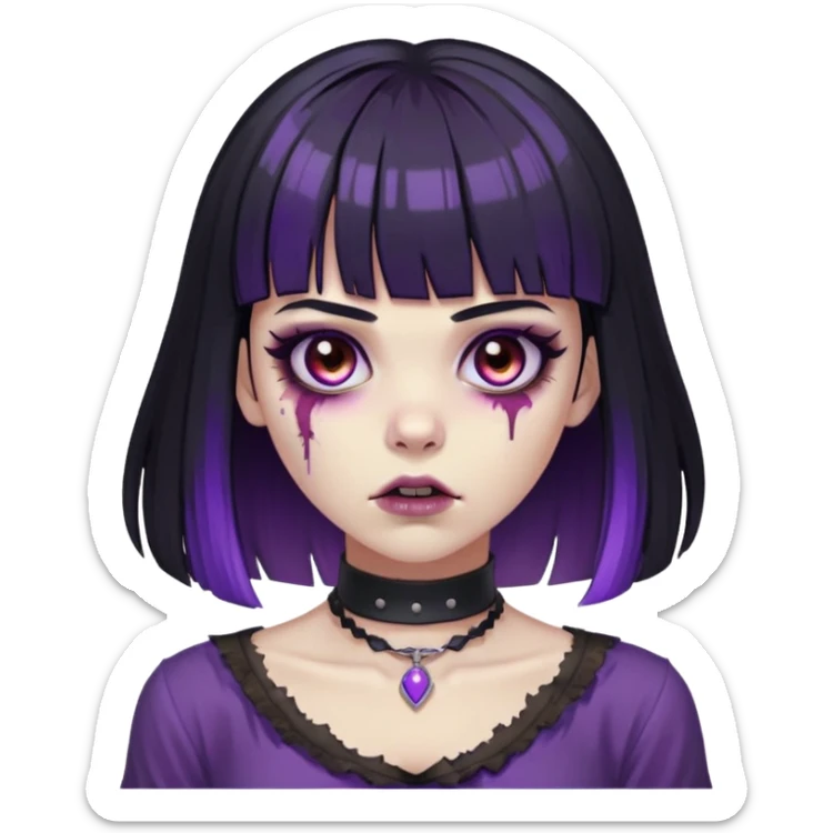 zombie with black hair and bangs and purple highlights brown eyes and a choker around her neck and a black blouse sticker