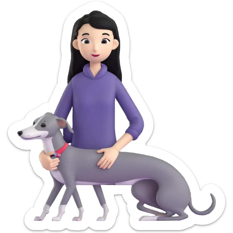Slim Chinese girl with long black hair holding all grey Italian greyhound sticker