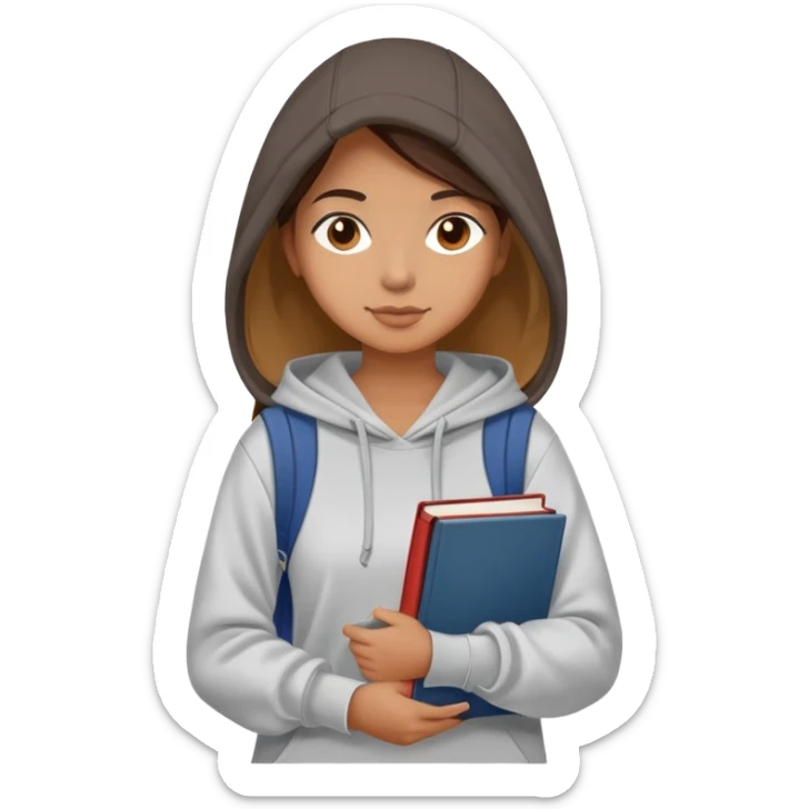 A woman college student with a tote bag over her shoulder and a book in one hand. The student wears a hoodie. sticker