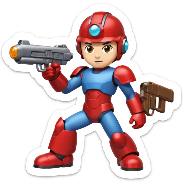 mega man but with the color rootbeer brown shiny like metal with arms for guns and a dark shiney red healmet sticker