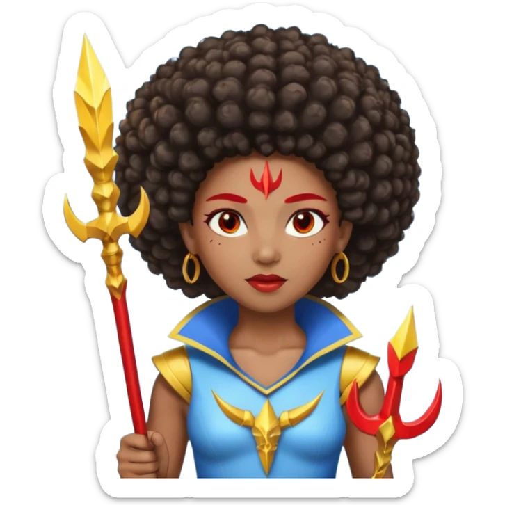 Emoji metisse femboy mais plus masculin avec drapeau ukrainien arriere plan, un afro, sourcils rouge, fourche trident, et eclairs et sur fond bleu clair irrisé. sticker