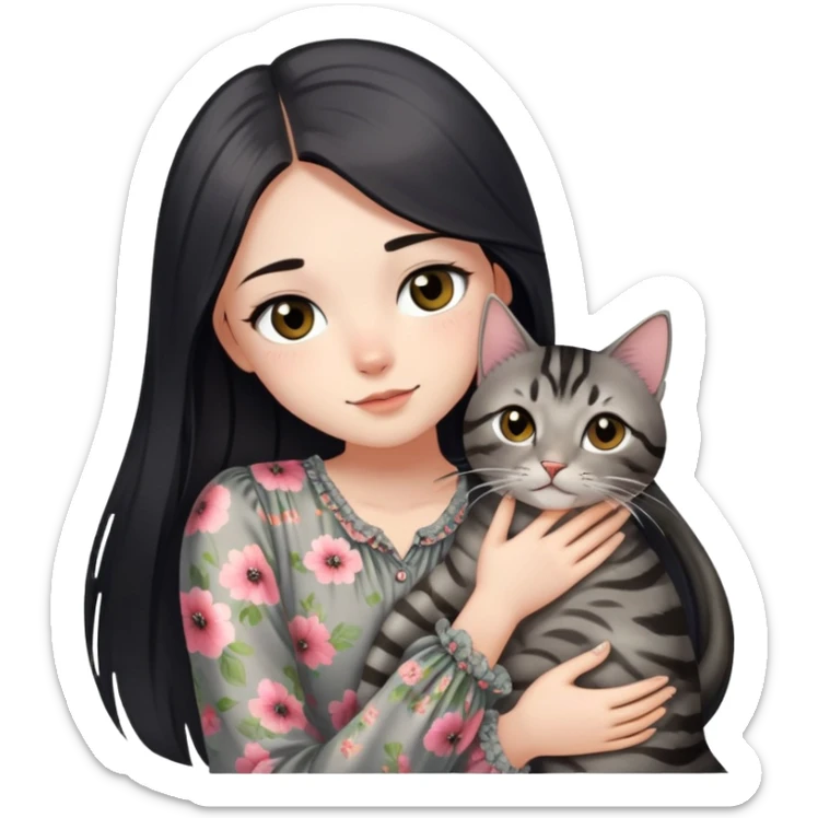 A girl who has shiny silk black straight long hair wearing a flowy floral blouse, she has black eyes too, and is hugging a grayish-brown tabby cat  sticker