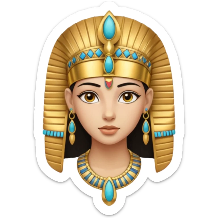 An emoji portrait of a young ancient Egyptian princess. She wears a broad gold collar necklace and a detailed nemes headdress. Her expression is serene and poised. sticker