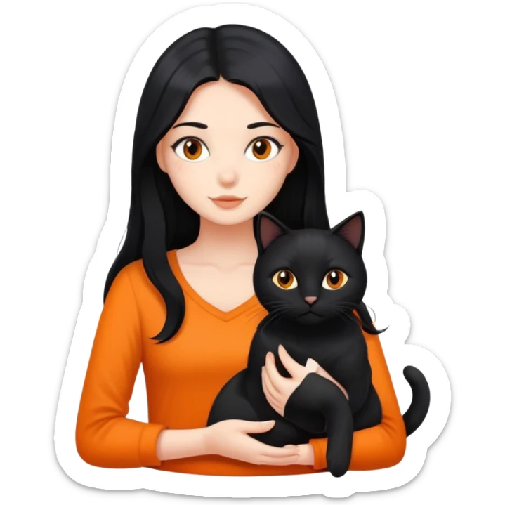 A girl with long black hair is holding a black cat, an orange cat, and a black cat sticker