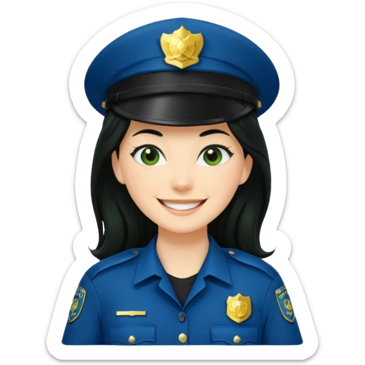 Female POLICE IN green, long black hair, happy smile sticker