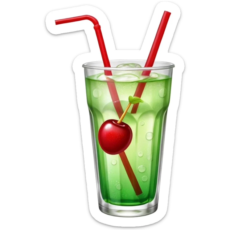 Create an emoji with a clear rounded glass, bright transparent green soda with fine bubbles, a smooth vanilla scoop on top, a glossy red cherry, and a red straw, using vibrant colors, soft shading, and clear glass highlights.
 sticker