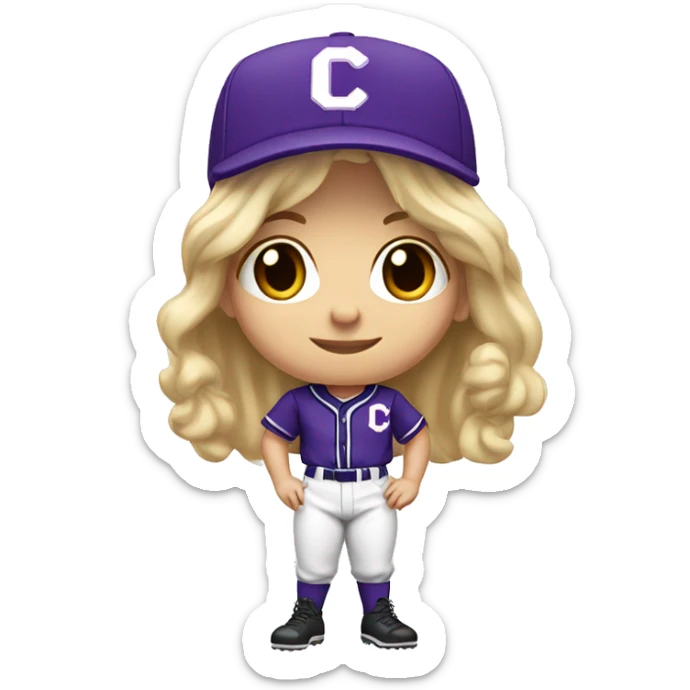 baseball card character. Blonde female long shoulder length hair. letter C logo. white and purple uniform. sticker
