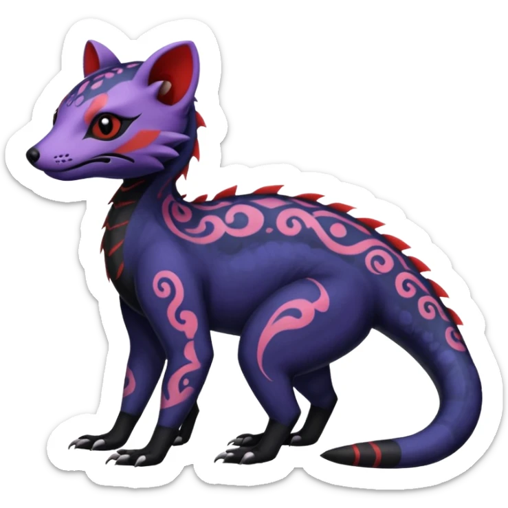 Rare warm-colored exotic gloomy tropical edgy cute epic aesthetic spooky indigo violet white black red gothic colorful Salandit-Noibat-Civet-species-Fakemon-hybrid-creature, with tribal tattoo markings, full body sticker