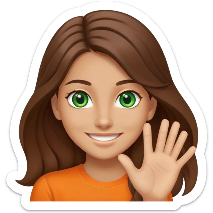 smiling girl with long brown hair, middle hair split, waving, green eyes, orange shirt sticker