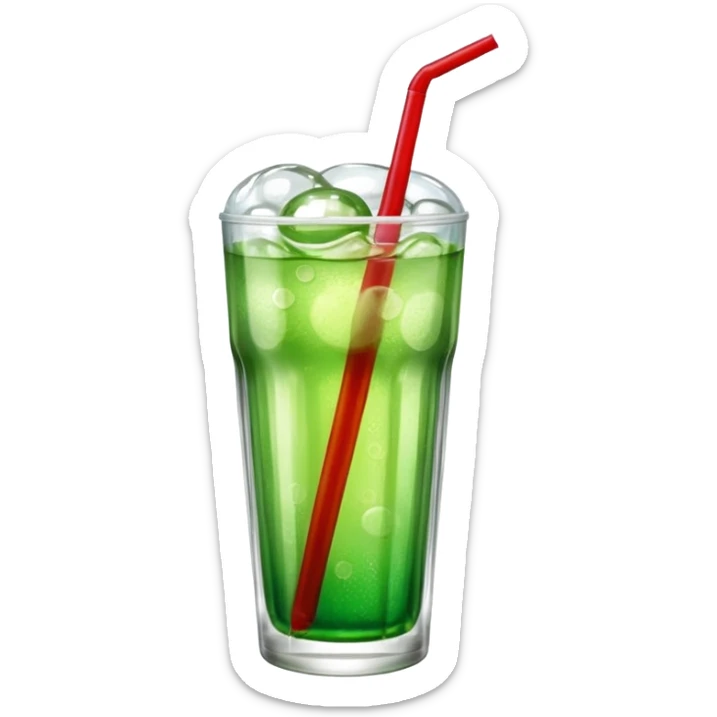 Create an emoji with a clear rounded glass, bright transparent green soda with fine bubbles, a smooth vanilla scoop on top, a glossy red cherry, and a red straw, using vibrant colors, soft shading, and clear glass highlights.
 sticker