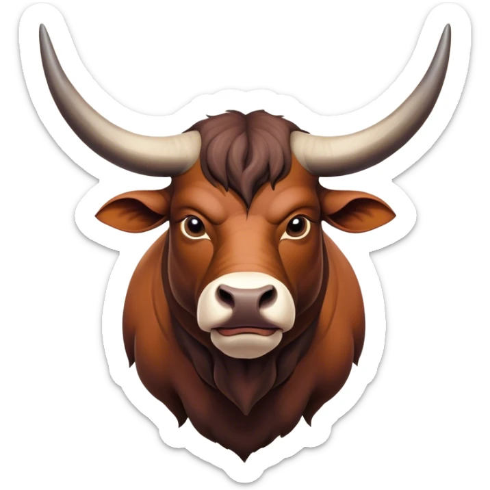 Cinematic Noble Domestic Ox Portrait Emoji, Poised and stalwart, with a massive, muscular build and a thick, smooth hide in deep earthy tones, prominent, curved horns, and steady, soulful eyes, Simplified yet sharp and sophisticated features, highly detailed, glowing with a warm, dignified glow, high shine, intelligent and dependable, stylized with an air of timeless strength, focused and attentive, soft glowing outline, capturing the essence of a watchful and confident ox that feels as though it could plod out of the screen with effortless authority! sticker