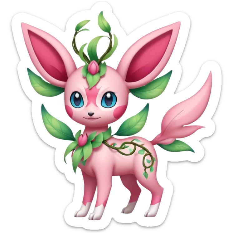 Rosy floral romantic cute Sylveon-Celebi-Leafeon-Pokémon-Digimon-Fakémon-hybrid-fusion-creature with vines entangled around sticker
