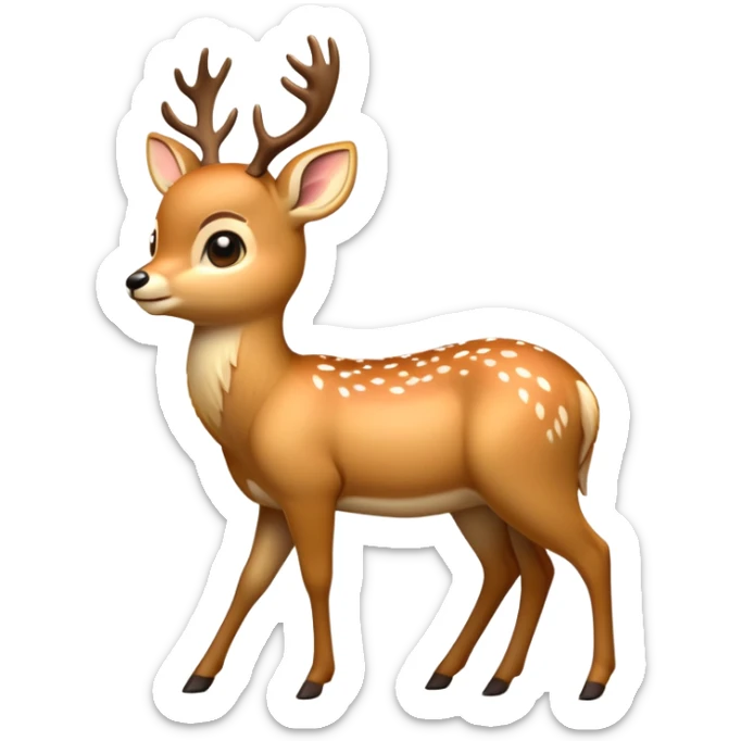 cinematic-[deer]-realistic-full-body-standing on all fours-emoji,-tail-tucked-close,-head-tilted-dramatically,-sleek-[fawn]-fur,-simplified-yet-realistic-focused-features,-highly-detailed,-glowing-with-an-almost-sarcastic-glow sticker