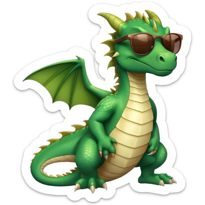 friendly anthropomorphised green dragon in a sports t-shirt and jeans with dark sunglasses, relaxed pose sticker