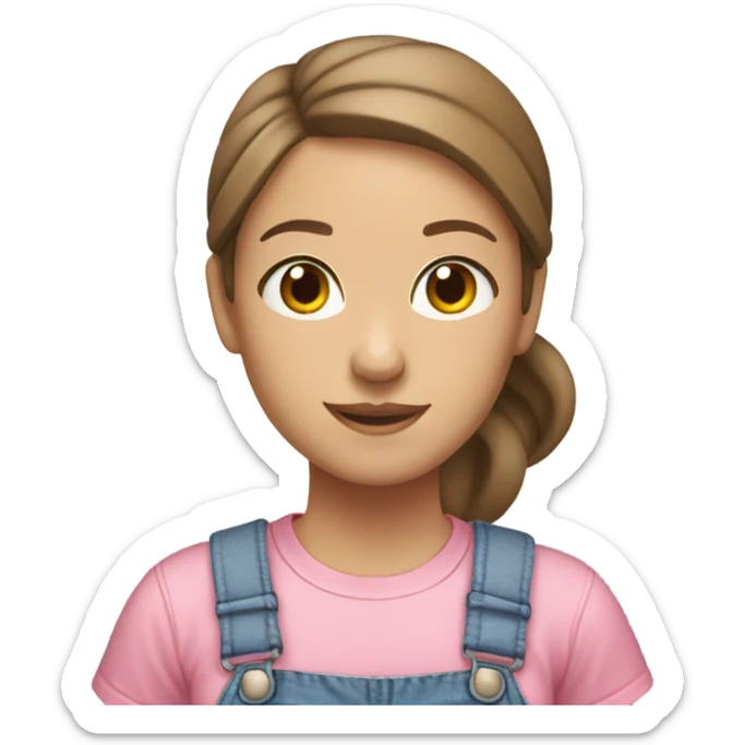 A white woman with brown hair in pony tail wearing white headband, pink t shirt and overalls  sticker
