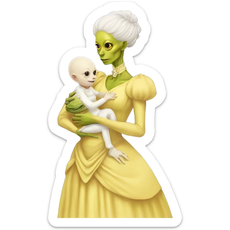  Reptilian alien woman , full body, in victorian jellow elegant dress , holds a newborn white humman baby sticker
