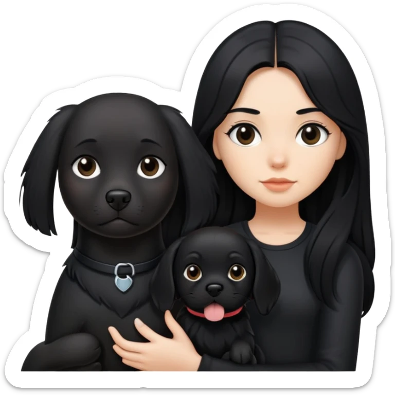 A girl with long black hair wearing black clothes holding a black dog in one hand sticker