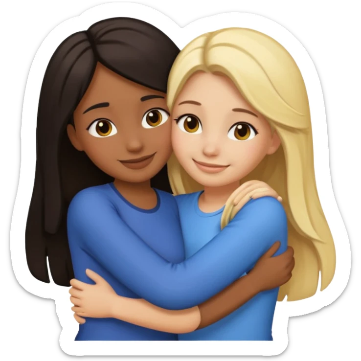 two girls hugging, one with dark hair and one with blonde hair, best friends, emoji style sticker