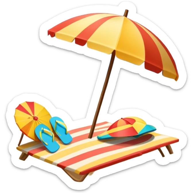 Icon for Beach Tourism: a sandy beach with a sun umbrella and flip-flops, with the ocean landscape in the background. The icon should capture the relaxation and fun of a beach vacation. Transparent background sticker