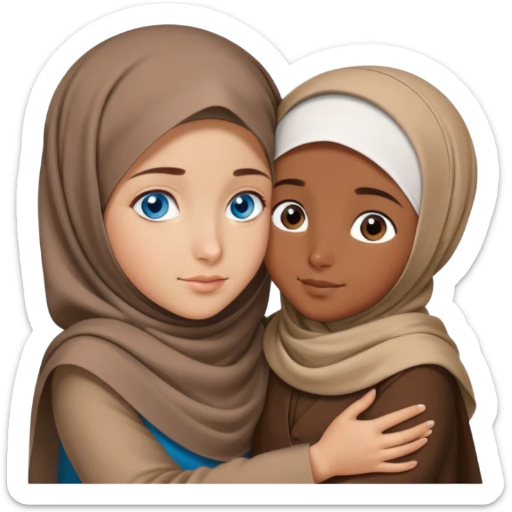 Turkish beautiful finish Konya girl blue eyes with brown beige hijab islamic dress and hugs with big boy brother  sticker