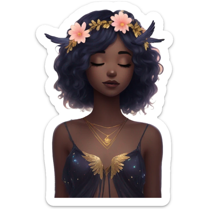 Black Raven wings bohemian girl Ethereal galaxy constellation girl angel raven wings black wings, gold arrow, nebula, flower crown, fairy lights, iridescent sticker