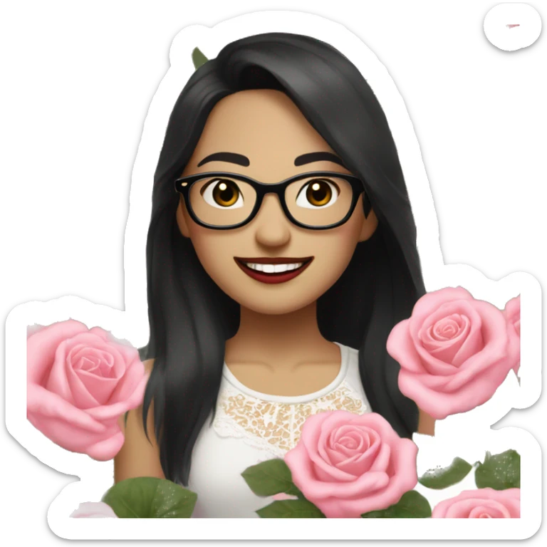 Asian girl, smiling with teeth, fair skin, black long hair, black eyes, black glasses with gold frames, red lipstick, wearing a white lace tank top and a black office jacket on top, with pink and red roses around her. sticker