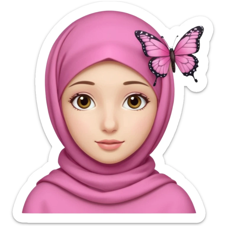 apple style emoji of a girl with a pink hijab styled fashionably, butterfly hairclips on both sides, ASMR creator theme, soft and calming vibe sticker