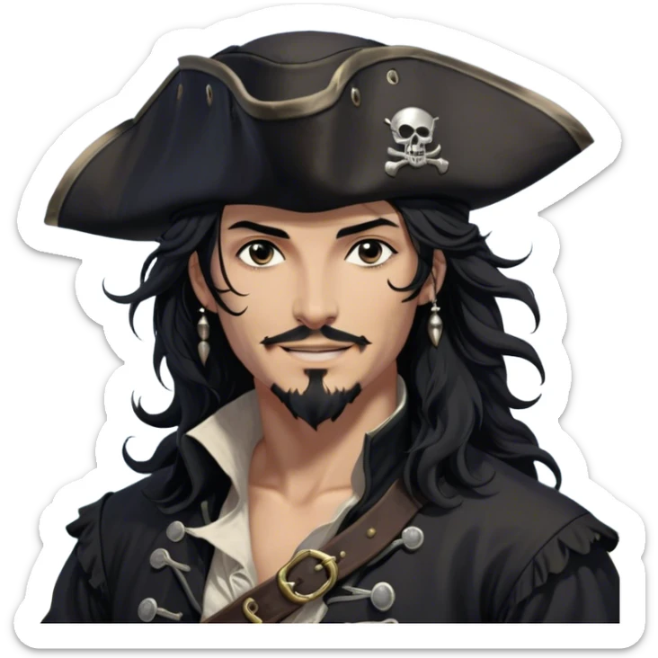 A charismatic pirate with wavy black hair that falls just past his shoulders, tousled slightly by the sea breeze. He wears a black tricorn hat with subtle silver embroidery along the edges, casting a shadow over his sharp, confident features. His piercing dark eyes glint with mischief as he gazes to the side, a knowing smile playing at his lips. His well-fitted black coat, adorned with polished silver buttons and intricate stitching, moves slightly with the wind, revealing glimpses of a deep-crimson waistcoat underneath. A silver chain dangles from his belt, catching the dim golden light of the setting sun. His posture is relaxed yet assured, exuding effortless charm as if he owns the sea itself. sticker